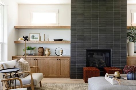 Black Tile Fireplace Wall, Black Mantle Decor, Black Kitchen Paint, Black Fireplace Wall, Tiled Fireplace Wall, Fireplace Dark, Black Tile Fireplace, Mudroom Paint Color, Black Mantle