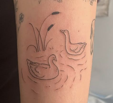 Duck Pond Tattoo, Water Off A Ducks Back Tattoo, Wallaby Tattoo, Mother Goose Tattoo, Fish Pond Tattoo, Pond Tattoo Ideas, Ugly Duckling Tattoo, Groovy Tattoo Ideas, Cute Duck Tattoo