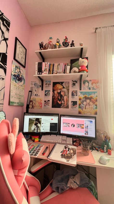 Corner Desk Aesthetic, Comfortable Bedroom Decor, Gamer Room Decor, Pink Room Decor, Room Goals, Cute Room Ideas, Gamer Room, Pretty Room, Dreamy Room