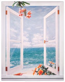 Open Shutters, Shutter Wall, Life Paint, Soyut Sanat Tabloları, Tropical Art, Window Painting, Through The Window, Blue Decor, Beach Scenes