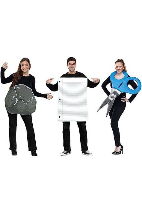 Rock, Paper, Scissors Halloween Costumes Scissors Costume, Rock Paper Scissors Costume, Funny Group Halloween Costumes, Fun Halloween Outfits, Rock Costume, Best Group Halloween Costumes, Trio Costumes, Halloween Costumes For Family, Teacher Halloween Costumes