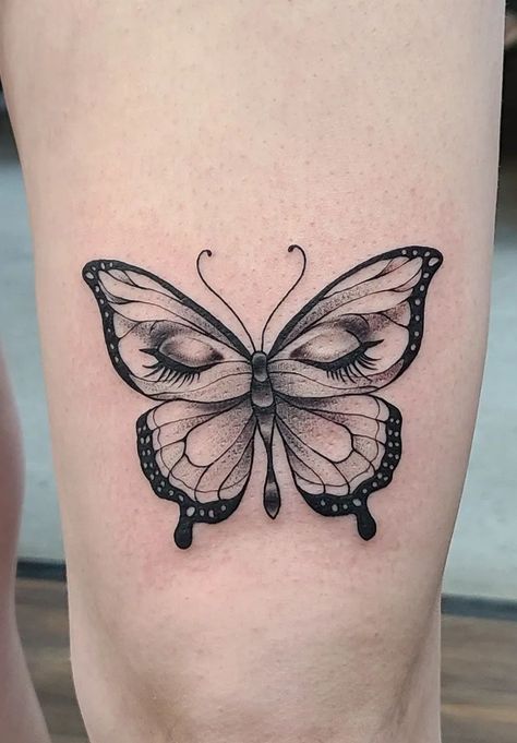 A black and grey, surrealistic butterfly tattoo with human eyes, done by @kristylynneart. Completed with some thicker black lines, dotwork shading, and fine lines! Butterfly Tattoo With Eyes, Butterfly Tattoo Designs Men, Shaded Butterfly Tattoo, Butterfly Tattoo For Women, Back Of Neck Tattoo Men, White Butterfly Tattoo, Skull Butterfly Tattoo, Butterfly Wing Tattoo, Butterfly Neck Tattoo