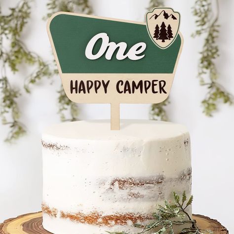 One Happy Camper Cake, Happy Camper Cake, Camping 1st Birthday, Camper Cakes, Happy Camper Birthday Party, Camping Party Decorations, National Park Sign, Woodland Cake Topper, One Happy Camper