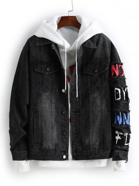 Mens Outwear, Denim Jacket With Hoodie, Denim Hoodie, Stand Collar Jackets, Stylish Hoodies, Guys Clothing Styles, Black Denim Jacket, Denim Jacket Men, Cool Jackets