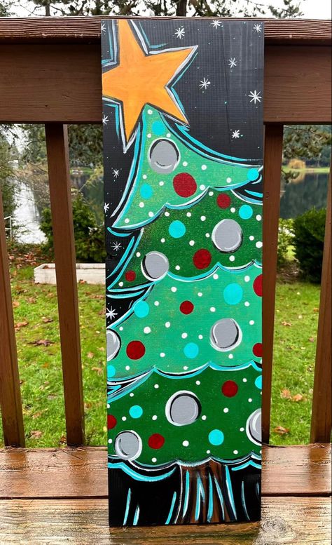 Painting Porch Leaners, Christmas Board Painting, Easy Christmas Paintings On Wood, Porch Leaners For Christmas, Christmas Tree Painting On Wood, Christmas Door Leaner, Painting On Wooden Planks, Christmas Porch Leaners, Christmas Canvas Ideas