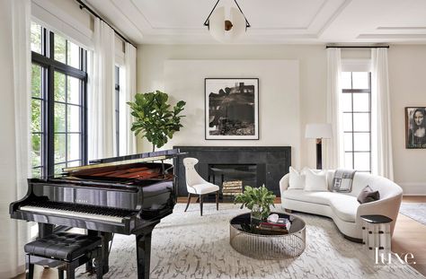 Transitional Glam Living Room, Grand Piano Living Room, Piano Room Design, Grand Piano Room, Piano Room Decor, Piano Living Rooms, Baby Grand Pianos, Glam Living Room, Piano Room