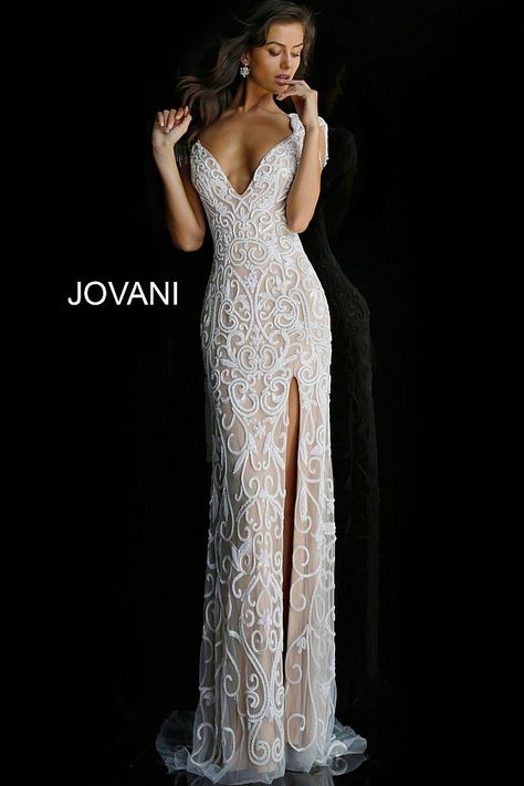 Nude Illusion Dress, Column Wedding Dress, Embellished Wedding Dress, Wedding Dress Prices, Wedding Dress Cap Sleeves, Dress 2022, Jovani Dresses, Wedding Dresses Beaded, Plunging Neck