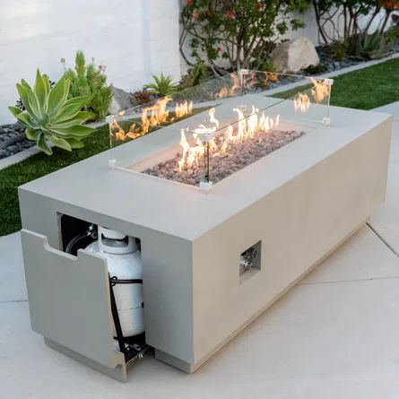 Latitude Run® 22" H x 32" W Concrete Propane Outdoor Fire Pit Table | Wayfair Propane Tank Storage, Villa Ideas, Outdoor Fire Pit Seating, Outdoor Fire Table, Outdoor Fire Pit Table, Luxury Landscaping, Gas Fire Table, Concrete Fire Pits, Fire Pit Seating