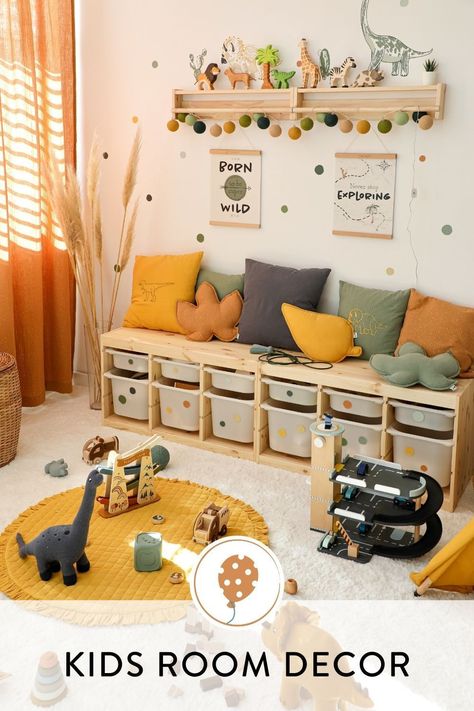 Kids Room Wall Design, Toddler Room Inspiration, Toddler Room Design, Kids Room Ikea, Kids Room Montessori, Toddler Room Wall Decor, Dinosaur Playroom, Interior Design Kids Room, Living Room Wall Shelves