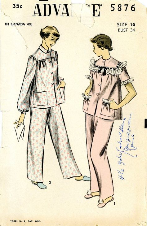 Vintage Sewing Pattern - 1950s Misses Pajama Tops and Bottoms, Advance Pattern 5876 Size 16 Bust 34 1950s Pajamas, 1950s Woman, Advance Patterns, Vintage Pajamas, Pajama Pattern, Blouse Pants, Couture Vintage, Vintage Pattern, Vintage Sewing Patterns