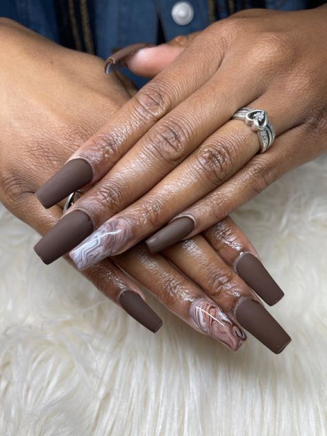 Brown Marble Nails Acrylic, Matte Marble Nails, Different Shade Of Brown Nails, Matte Brown Nails, Brown Marble Nails, Brown Fall Nails, Fall Ombre, Brown Acrylic Nails, Brown Nails Design