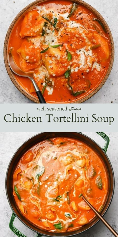 Creamy Chicken Tortellini Soup, Creamy Chicken Tortellini, Quick Tomato Soup, White Bean Kale Soup, Easy Creamy Chicken, Tomato Tortellini Soup, Chicken Tortellini Soup, Chicken Tortellini, Filling Lunch