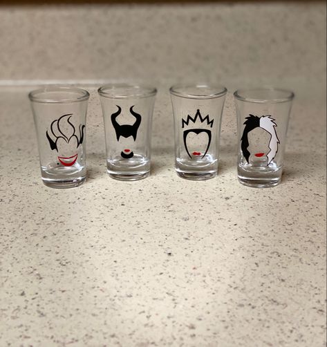 Shot glasses 
Disney shot glasses 
Custom shot glasses 
Disney villains 
Villain shot glasses 
Permanent vinyl 
Maleficent 
Ursula 
Evil Queen 
Disney 
Shot glass set Shot Glass Designs, Princess Shot, Custom Shot Glasses, Glasses Design, Custom Glasses, Disney Villain, Shot Glass Set, Swag Cartoon, Glass Designs