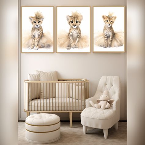 High-resolution, digital artwork of a fancy baby cheetah in a gold tutu and gold accessories. Perfect for a baby girl’s fancy gold nursery, animal-themed nursery or neutral-toned kids room. Cheetah Nursery, Baby Cheetah, Gold Tutu, Animal Nursery Theme, Baby Cheetahs, Gold Nursery, Baby Girl Nursery, Themed Nursery, Baby Wall Art