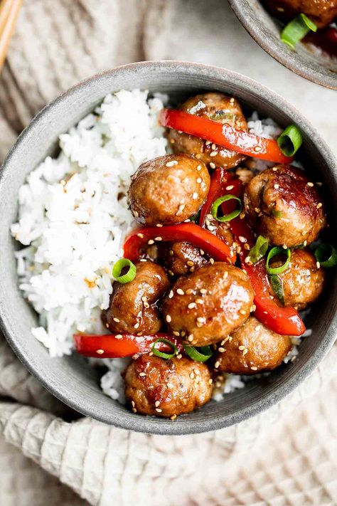 Sesame Chicken Meatballs - Ahead of Thyme Sesame Chicken Meatballs, Hot Lunch Ideas, Sesame Chicken Sauce, Easy Veggies, Asian Chicken Meatballs, Homemade Stir Fry Sauce, Homemade Stir Fry, Steak And Rice, Meat Lasagna