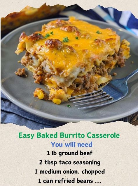 Cooking Family Recipes | Easy Baked Burrito Casserole | Facebook Baked Burrito Casserole, Family Recipes Easy, Burrito Bake, Burrito Casserole, Bean Burrito, Skillet Dinners, Mexican Foods, Easy Family Meals, Refried Beans