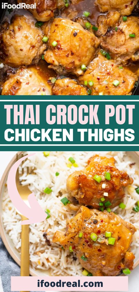 Boneless Skinless Chicken Thigh Recipes Thai, Chicken Thigh Crock Pot Recipes, Crock Pot Chicken Thigh Recipes, Crock Pot Chicken Thighs, Boneless Chicken Thighs Crockpot, Chicken Thighs Slow Cooker Recipes, Easy Asian Dishes, Slow Cooker Thai Chicken, Delicious Crockpot Recipes