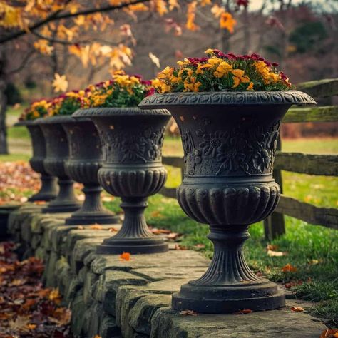 10 Fall Urns to Inspire Your Autumn Decor - ostrali.com Fall Urns, Fall Urn, Fall Produce, Decorative Pebbles, Birch Branches, Wooden Urn, Garden Urns, Fall Arrangements, Miniature Plants