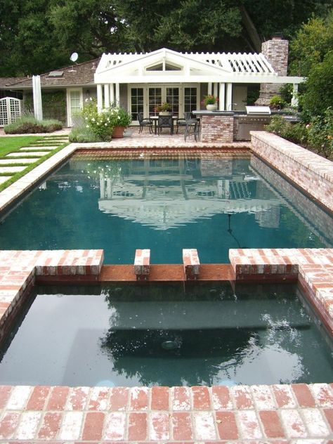 Rafters Design, Ranch House Renovation, Brick Pool, Swimming Pool Pond, Living Pool, Pool Remodel, Pool Coping, Backyard Remodel, Dream Pools