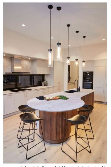 Irregular Shaped Kitchen Island, Pill Shaped Kitchen Island, Circular Kitchen Island, Curve Kitchen Island, Oval Island Kitchen, T Shaped Island With Seating, Kitchen Interior Island, Kitchen Bench Ideas, Simple Kitchen Island