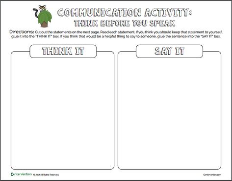 think it vs say it worksheet Think It Or Say It Social Skills, Think It Or Say It Activities, Think Before You Speak Activities, Think It Or Say It, Values Clarification, Social Work Offices, Expressive Therapy, Communication Activities, Think Before You Speak