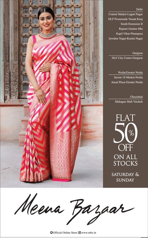 meena-bazaar-flat-50%-off-on-all-stocks-ad-delhi-times-13-03-2021 Saree Advertisement, Meena Bazaar, Newspaper Advertisement, Commercial Ads, Saree Photoshoot, Design Department, Jewelry Post, Fashion Art Illustration, Facebook Ad