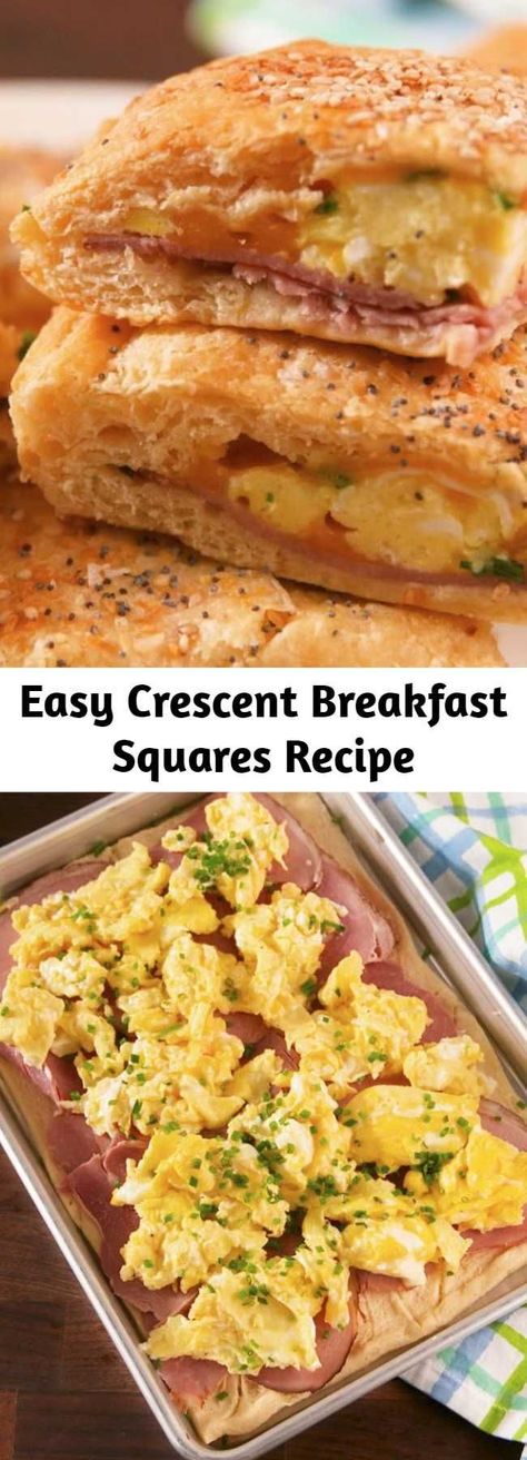 Easy Crescent Breakfast Squares Recipe - We love ourselves a good crescent dough hack, and this one is one of our faves. Look for dough you can buy as a full sheet (as opposed to the kind with perforated edges). It's not totally necessary, but it'll make things easier to assemble. #easy #recipe #eggs #cheese #crescentdough #dough #breakfast #brunch #ham #sheetpan #squares Ham And Cheese Crescent Roll Squares, Pillsbury Dough Sheet Recipes Breakfast, Crescent Sheet Recipes, Crescent Dough Sheet Recipes, Sheet Recipes, Breakfast Squares, Crescent Squares, Crescent Roll Recipes Dinner, Crescent Roll Breakfast Recipes