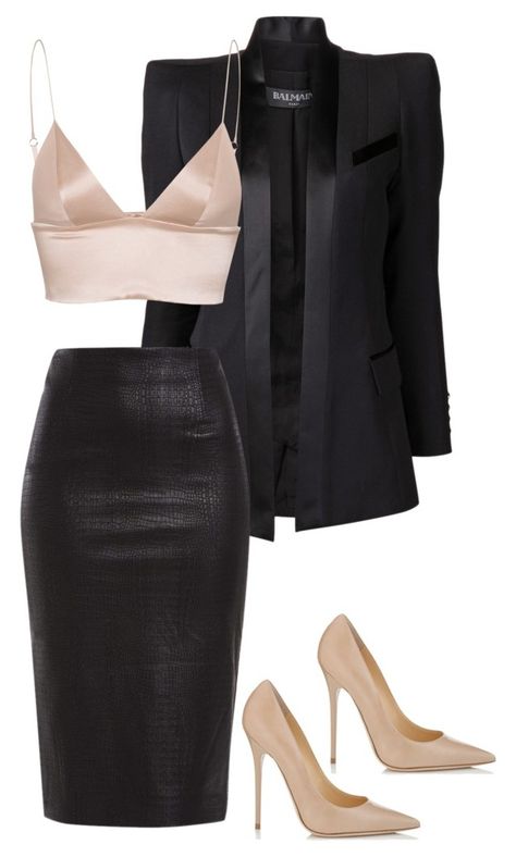 "untitled#53" by hebashk ❤ liked on Polyvore featuring Balmain, Jimmy Choo and T By Alexander Wang Afrikaanse Mode, Stylish Blazer, Mode Inspo, Looks Chic, Blazer Outfits, Outfit Casual, Black Skirt, Outfits Casuales, Look Fashion