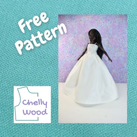 Free Barbie Dress Pattern, Barbie Wedding Dress Pattern Free, Barbie Dress Patterns Free Printable, Easy Wedding Dress, Free Wedding Dress Patterns, Free Doll Clothes Patterns, Evening Gown Pattern, Circle Skirt Pattern, Gown Sewing Pattern