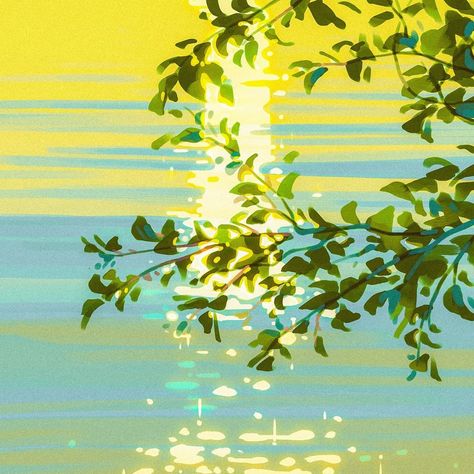 Blue And Green Illustration, Nature Aesthetic Illustration, How To Paint Water Digital, Yuzu Illustration, Jardines Aesthetic, Aesthetic Nature Painting, Blue Green Aesthetic, Lake Illustration, Aquarium Art