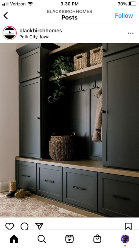 Green Mudroom, Bathroom Wall Color, Pantry Floor, Gray Room Ideas, Color In Interior Design, Mudroom Cubbies, Mudroom Remodel, Farmhouse Mudroom, Mudroom Cabinets