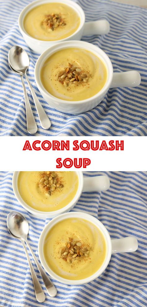 This Acorn Squash Soup is so creamy and delicious! The flavors of the Acorn Squash, Apple and seasonings combined together really gives this soup a unique flavor with a hint of sweetness! This is Dairy Free, Gluten Free, and Vegan. Unique Squash Recipes, Southern Soups, Acorn Squash Soup, Acorn Squash Recipe, Vegan Pumpkin Recipes, Comfort Soup Recipes, Easy Main Dishes, Potluck Party, Quick And Easy Soup