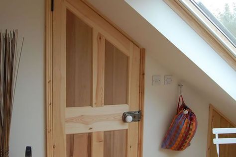 Internal door angled to match sloping ceiling Doors For Slanted Ceilings, Closet Sloped Ceiling, Angled Door, Loft Remodel, Slanted Door, Attic Door, Sloping Ceiling, Attic Rooms Ideas, Attic Shelves