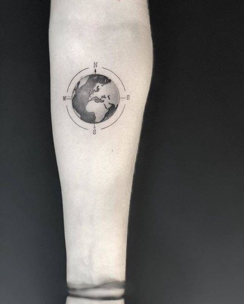 Planet earth compass tattoo on the left inner forearm. Planet Earth Tattoo Design, Earth Compass Tattoo, Planet Earth Tattoo, World Globe Tattoos, Earth Tattoos, Mexican Skull Tattoos, Astronomy Planets, Globe Tattoos, Map Tattoo