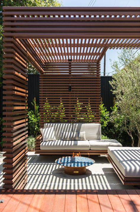 Alternatives to Wood Slat Structures - Kurt Krueger Architects, Inc. Modern Pergola, Pergola Design, Fire Pit Seating, Garden Screening, Patio Garden Design, Terrace Design, Pergola Kits, Pergola Plans, Diy Pergola