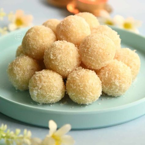 Coconut Ladoo | Coconut Laddu with Condensed Milk - Cooking From Heart Ladoos Recipe, Recipes Using Condensed Milk, Recipe With Condensed Milk, Baking Room, Coconut Ladoo Recipe, Rasgulla Recipe, Coconut Ladoo, Diwali Sweets Recipe, Laddu Recipe