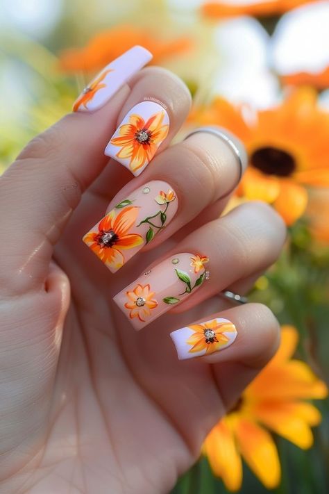 Bright Flower Nails, Acrylic Nails Holiday, Holiday Nails Simple, Orange Lily Flower, Pink Pride, Silk Wrap Nails, Navy Blue Nails, Nail Prices, Floral Nail Designs