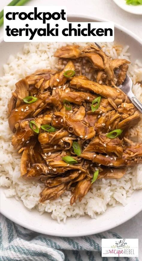 Crockpot Teriyaki Chicken is a set it and forget it recipe that really couldn't be easier to make! Chicken breasts are cooked in a flavorful teriyaki sauce to tender perfection. The homemade teriyaki sauce is so much better than store-bought! #crockpot #slowcooker #chicken #dinner #recipe | chicken recipes | chicken breast recipes | slow cooker teriyaki chicken | crock pot chicken | easy dinner ideas | dinner recipes Soy Free Teriyaki Chicken, Easy Chicken Crockpot Meals Healthy, Shredded Teriyaki Chicken Crock Pot, Crockpot Teriyaki Chicken And Broccoli, Chicken Tenderloin Slow Cooker Recipes, Teriyaki Glazed Chicken, Crock Pot Terriaki Chicken, Chicken Terriaki Chicken Bowl, Crockpot Teriyaki Chicken Easy