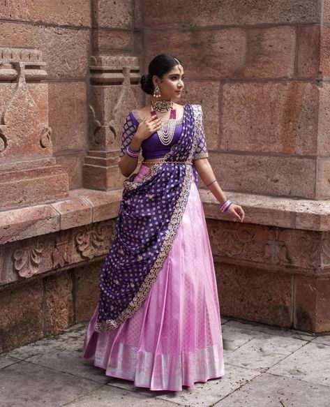 Half Saree Lengha, Onion Pink Silk Saree Contrast Blouse, Light Pink Combination Dress, Pink Lehenga Combination Blouse, Light Pink Colour Combinations Clothes, Color Combination For Lehenga, Light Pink Saree Blouse Combination, Pink Dupatta Color Combinations, Light Pink Color Combinations Outfit