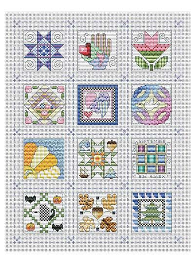 Quilt Block of the Month Cross Stitch Pattern Cross Stitch Square Pattern, Quilt Cross Stitch Patterns, Traditional Quilt Blocks, Crossed Stitch, Miniature Pillows, Geometric Illusion, Quilt Block Of The Month, Cross Stitch Quilt, Chevron Quilt Pattern