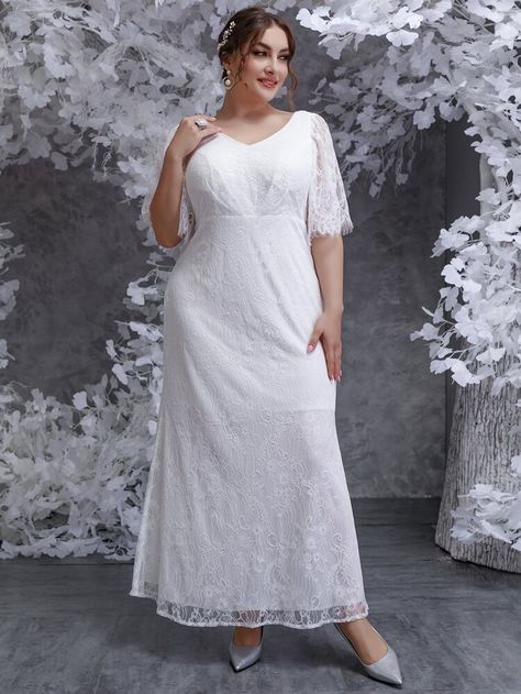 Plus Butterfly Sleeve Eyelash Lace Wedding Dress | SHEIN USA Plus Size Wedding Dresses, Butterfly Sleeve, Wedding Dresses Plus Size, Butterfly Sleeves, Lace Wedding Dress, Plus Size Wedding, Dress P, Plus Size Dresses, Lace Wedding