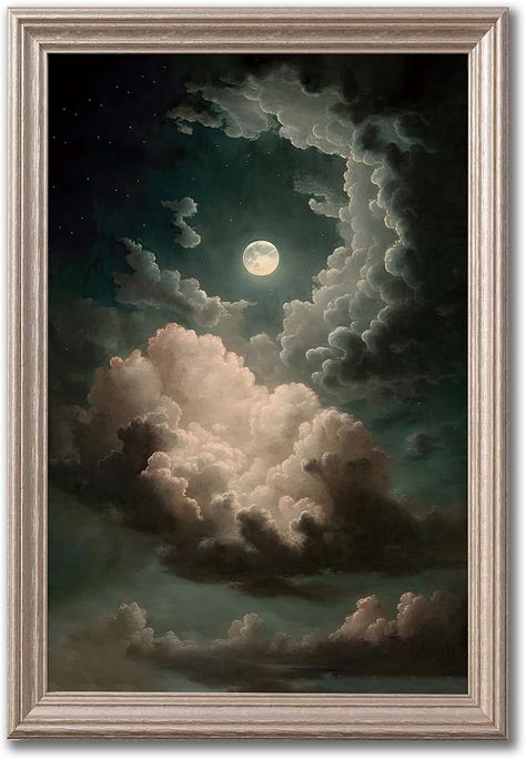 Cool Old Paintings, Vintage Moon Painting, Vintage Celestial Art Wallpaper, Dark Moon Painting, Vintage Moon Wallpaper, Aesthetic Landscape Art, Vintage Celestial Art, Painting Of The Moon, Celestial Painting