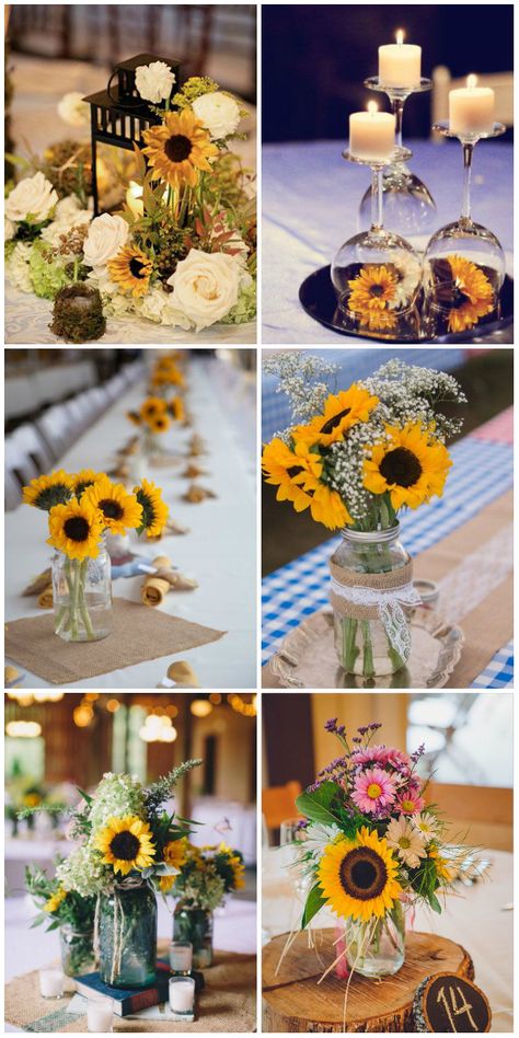 sunflower wedding centerpieces ideas for 2016 Sunflower Wedding Centerpieces, Sunflower Wedding Decorations, Rustic Sunflower Wedding, Sunflower Centerpieces, Sunflower Party, Sunflower Themed Wedding, Wedding Fall, Decorations Wedding, Sunflower Wedding