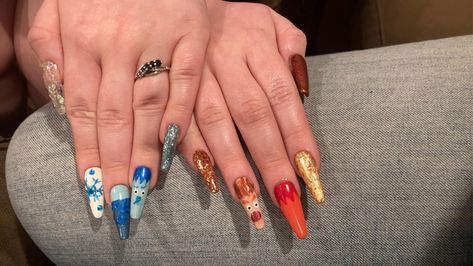 Miser brother inspired press ons Miser Brothers Nails, Heat Miser And Snow Miser Nails, Snow Miser, Heat Miser, Brother Christmas, Press Ons, Christmas Nail, Performing Arts, Coffin Nails