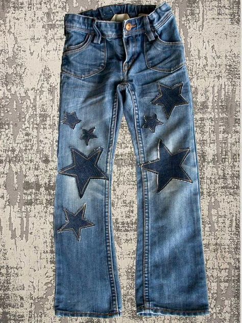 Patched Jeans Diy, Ropa Upcycling, Upcycle Clothes Diy, Women Bottoms, Denim Ideas, Loose Trousers, Denim Crafts, Patchwork Jeans, Over 50 Womens Fashion