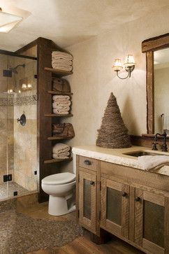 pebbles on wood. Wood accents. Tile in shower. Open shelving. Lighting. Baie Vintage, Drømme Bad, Makeover Kamar Mandi, Bilik Air, Bad Inspiration, Rustic Bathroom Decor, Rustic Bathrooms, Basement Bathroom, Bathroom Renos