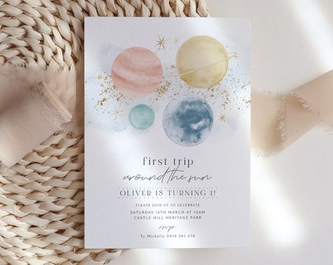 First Trip Around The Sun Birthday Invitation Template First | Etsy Sun Birthday Invitation, Space Invitation, 1st Birthday Invitation Template, Outer Space Planets, Space Birthday Invitation, Sun Birthday, Sistem Solar, First Trip Around The Sun, Space Birthday Party