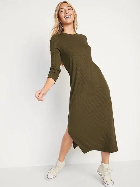 Maxi Sweater, Maxi Shift Dress, Ribbed Maxi Dress, Cozy Season, Midi Wrap Dress, Maxi Dress Navy, Side Splits, Autumn Fashion Casual, Long Summer Dresses