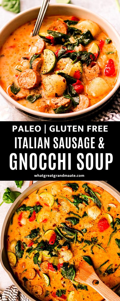 Italian Sausage And Gnocchi, Sausage And Gnocchi Soup, Gnocchi Italian, Gnocchi Recipes Soup, Soup Paleo, Gluten Free Gnocchi, Cauliflower Gnocchi, Gluten Free Italian, Delicious Paleo Recipes