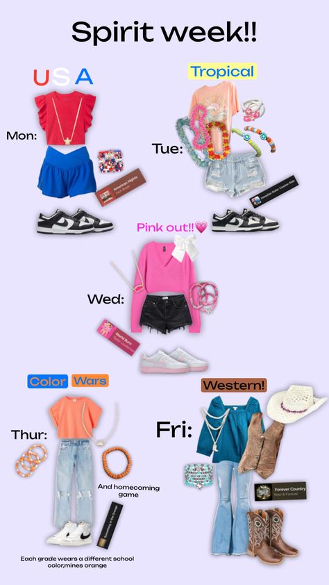 Spirit week outfits!! (For my school) #school #spiritweekoutfits #homecoming #popular #usa #tropical #pinkout #colorwars #orange #western School Spirit Outfit, School Spirit Week, Homecoming Spirit Week, School Spirit Days, Homecoming Spirit, Spirit Week Outfits, Color Wars, Week Outfits, Homecoming Week